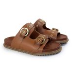 Sandália Papete Feminina Vitoria Duas Tiras Sola Baixa Caramelho