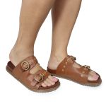 Sandália Papete Feminina Vitoria Duas Tiras Sola Baixa Caramelho