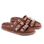 Sandália Sandalia Papete Cecilia Sola Baixa Tiras com Piramide Caramelo