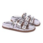 Sandália Sandalia Papete Cecilia Sola Baixa Tiras com Piramide Prata