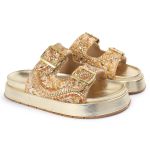Sandália Feminina Sola Alta com Pedraria Dourado