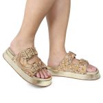 Sandália Feminina Sola Alta com Pedraria Dourado