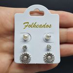 Kit De Brincos Folheados Prata Flor