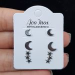 Kit De Mini Brincos Folhedos Prata Lua