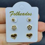 Kit De Brincos Folheados Dourado Coração