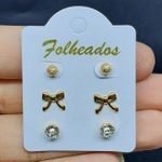 Kit De Brincos Folheados Dourado Laço