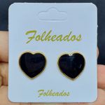 Brinco Folheado Dourado Coração Esmaltado Preto 