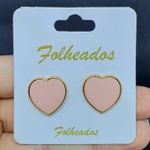 Brinco Folheado Dourado Coração Esmaltado Rosa