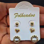 Kit De Brincos Folheados Dourado Coração 