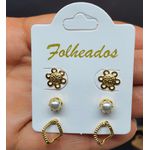 Kit De Brincos Folheados Dourado Flor 