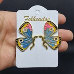 Brinco Folhado Anti alérgico Dourado Borboleta Azul e Preto 