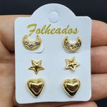 Kit De Brincos Folheados Dourado Lua 