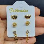 Kit De Brincos Folheados Dourado Cruz 