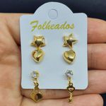 Kit De Brincos Folheados Dourado Fechadura 