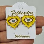 Brinco Folheado Dourado Coração Com Olho Grego Esmaltado Amarelo 