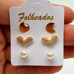 Kit De Brincos Folheados Dourado Coração 