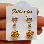 Kit De Brincos Folheados Dourado Flor 