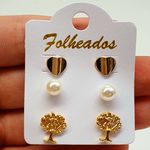 Kit De Brincos Folheados Dourado Árvore Da Vida 