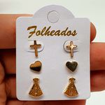 Kit De Brincos Folheados Dourado Nossa Senhora Aparecida 