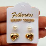 Kit De Brincos Folheados Dourado Coração 
