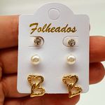Kit De Brincos Folheados Dourado Coração Duplo 