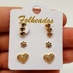Kit De Brincos Folheados Dourado Coração 