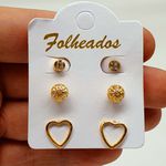 Kit De Brincos Folheados Dourado Coração 