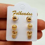 Kit De Brincos Folheados Dourado Coruja 