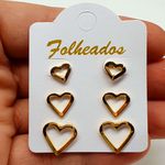 Kit De Brincos Folheados Dourado Coração 