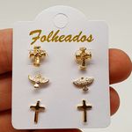 Kit De Brincos Folheados Dourado Cruz 