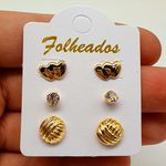 Kit De Brincos Folheados Dourado Coração 
