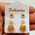 Kit De Brincos Folheados Dourado Flor 