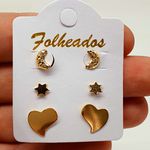 Kit De Brincos Folheados Dourado Lua 