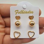 Kit De Brincos Folheados Dourado Coração 