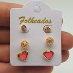 Kit De Brincos Folheados Dourado Coração Rosa 