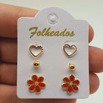 Kit De Brincos Folheados Dourado Flor Vermelha 