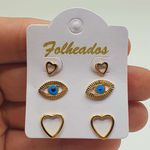 Kit De Brincos Folheados Dourado Olho Grego 