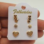 Kit De Brincos Folheados Dourado Coração 