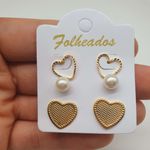 Kit De Brincos Folheados Dourado Coração 