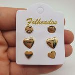 Kit De Brincos Folheados Dourado Coração 