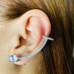 Brinco Ear Cuff Zircônia Oval Prata Branco 