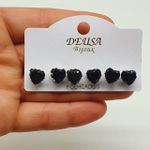 Kit De Brincos Zircônia Coração Prata Preto 