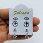 Kit De Brincos Folheados a Prata Olho Grego 