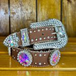 CINTO COUNTRY FEMININO EM PEDRARIAS PINK E STRASS MARROM CLARO - REF 01