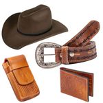 Kit Country Rodeio Chapéu Montana Couro + Cinto + Capa de Couro + Carteira