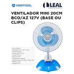 VENTILADOR MINI 20CM BRANCO E AZUL (BASE OU CLIPS)