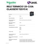 RELE TERMICO 1.8~2.6A CLASSE10 TESYS K SCHNEIDER LR2K0308