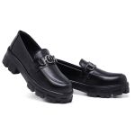 Mocassim Feminino Preto Couro Confort Sola Tratorada Moderno Strak