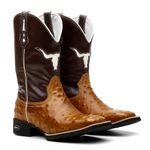 Bota Texana Feminina Estilizada Avestruz/Cara de Boi Branco