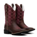 Bota Texana Feminina Bordado Xadrez Rosa